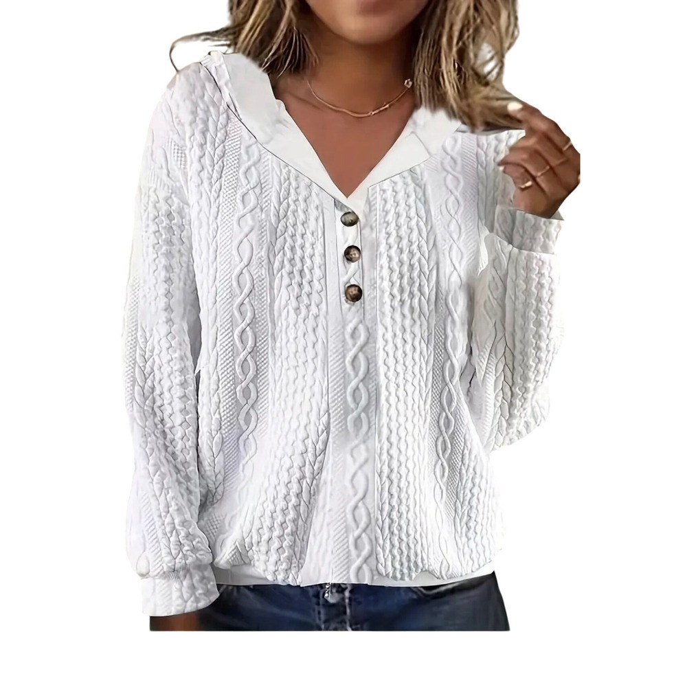 Womens White Cable Knit Hoodie Button Down V Neck Casual Pullover‎ Sweater